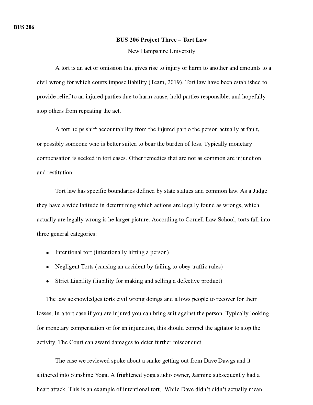 Preview image for BUS 206 Project 3   Tort Law.docx  BUS 206  BUS 206 Project Three “ Tort Law  New Hampshir